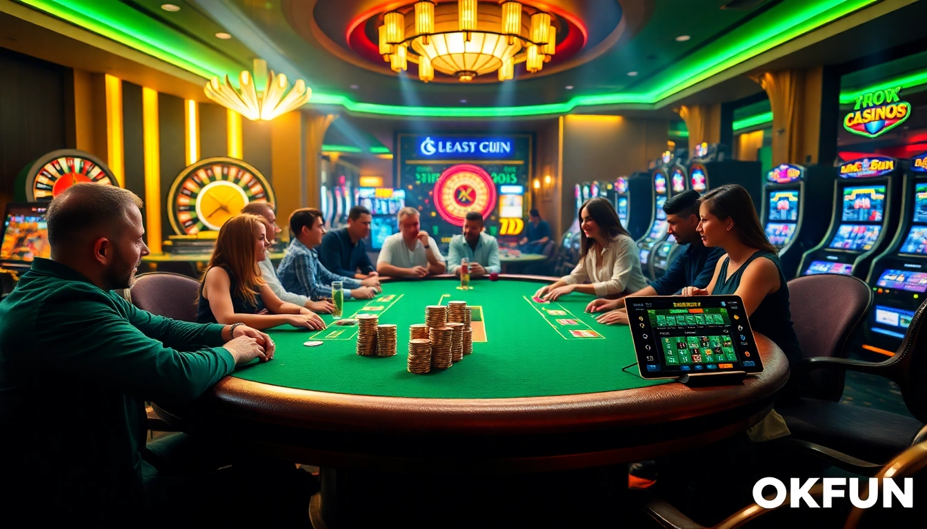 Engaged players enjoying a thrilling game at OKFUN's elegant poker table in a luxurious casino.