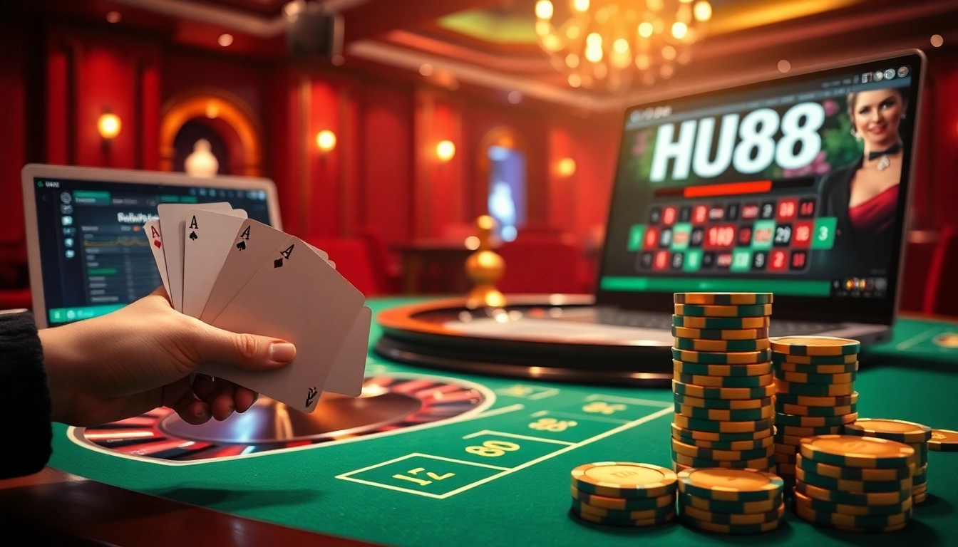 Experience excitement at a casino table with HU88 poker chips and vibrant atmosphere.