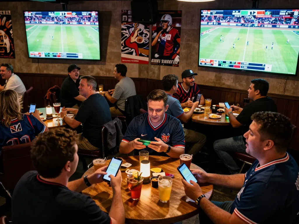 Fans engaging in sports betting at fabet, celebrating wins in an exciting sports bar.