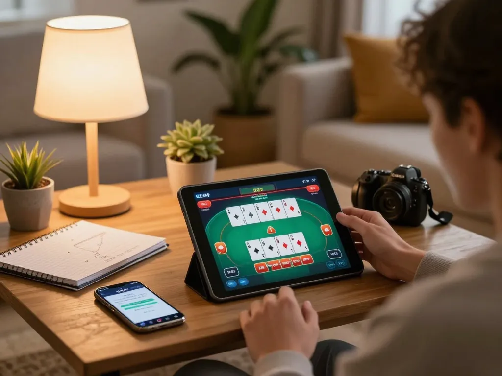 A person playing affordable alo8 online poker from home, showcasing a casual gaming atmosphere.
