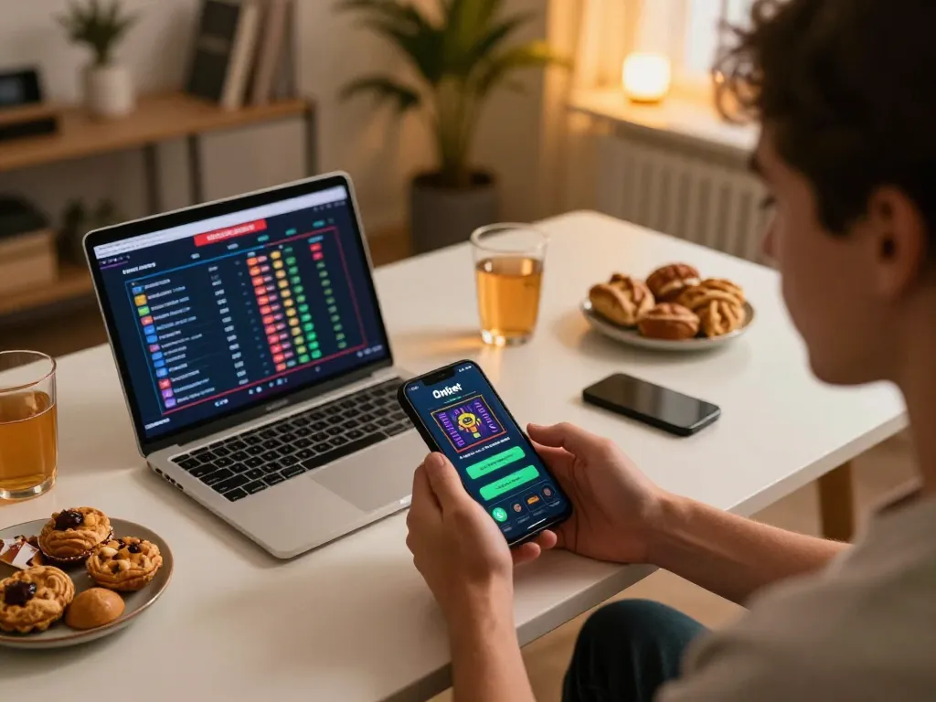 Player experiencing Onbet excitement on mobile app in a cozy home setting with strategic gaming focus.