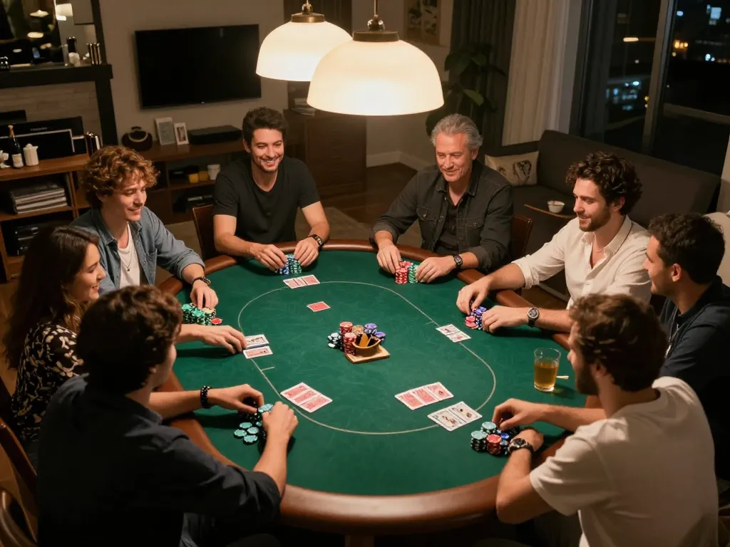 OnBet players enjoying an engaging home poker game night with friends and chips