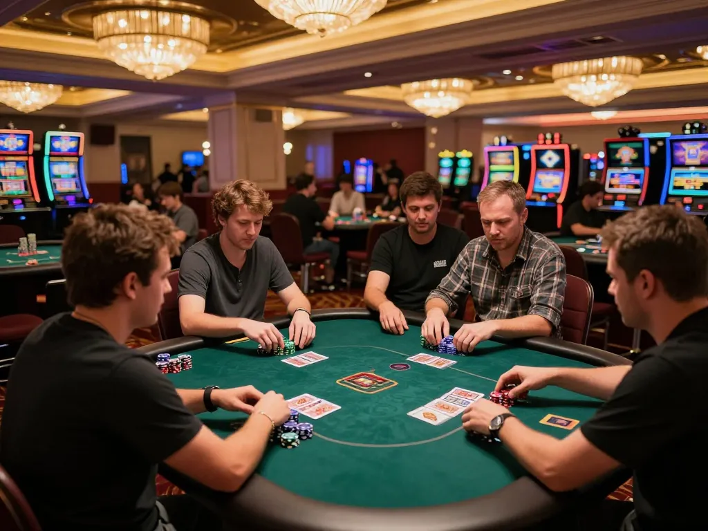 Players at FLY88MB engaged in an exciting poker game surrounded by luxurious casino decor