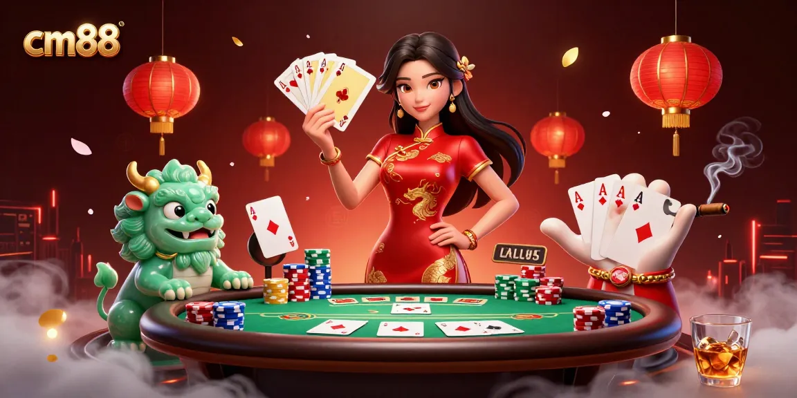 Experience thrilling poker action at cm88 with an elegant woman, jade guardian, and vibrant casino elements.
