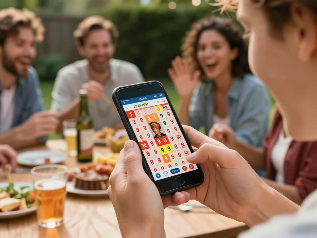 Check 4D result lotto 9 on a smartphone during a lively backyard gathering.
