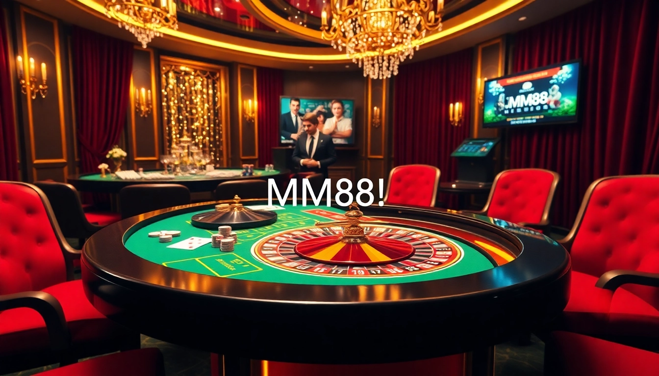 MM88 casino table with poker cards and roulette wheel highlighting excitement.
