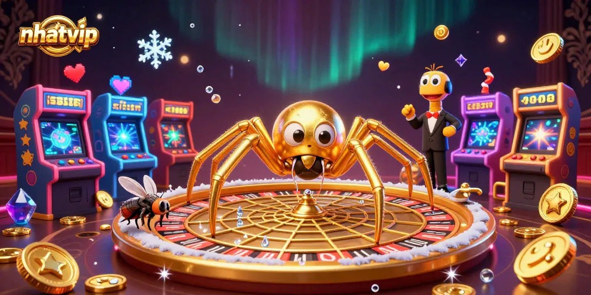 Experience the excitement of betting at nhatvip with a golden spider and a centipede croupier in a vibrant casino scene.