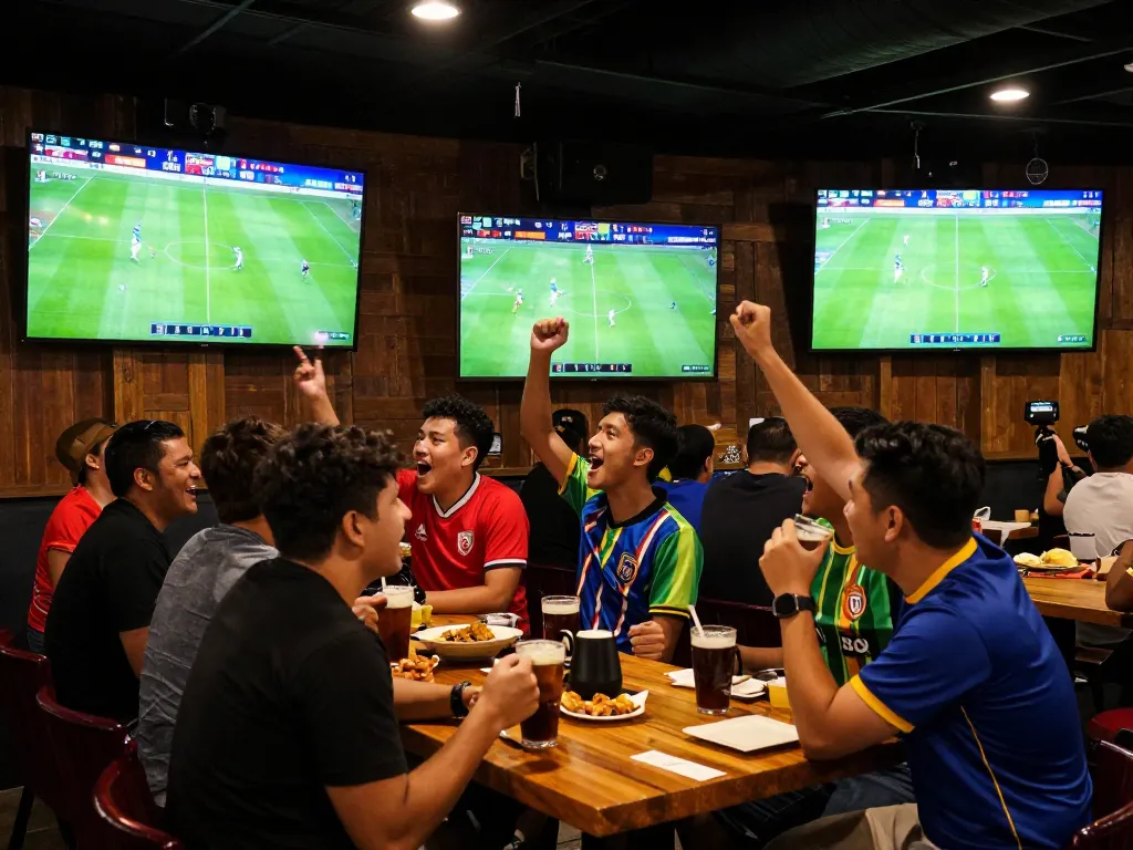 Enjoying thrilling บอล ออนไลน์ matches while engaging in live sports betting at a lively sports bar.