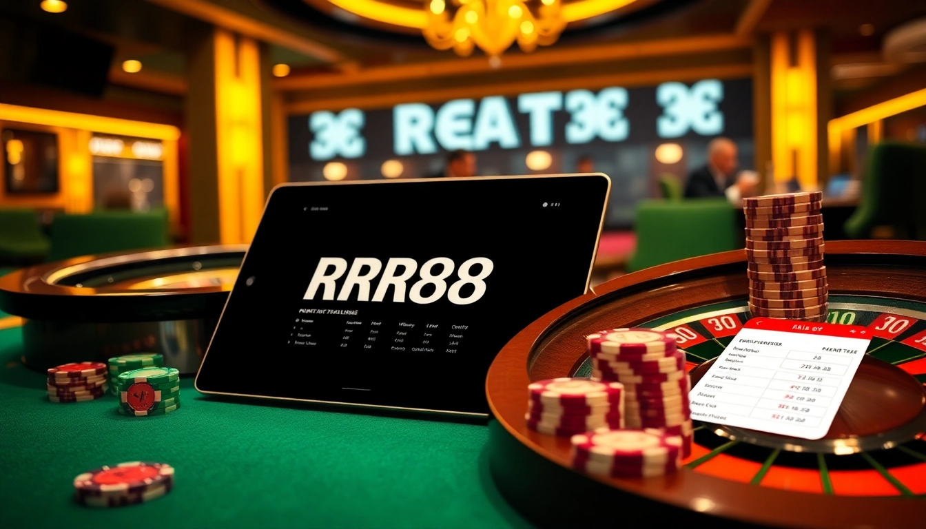 Experience the excitement of RR88 with vibrant casino elements like roulette wheels and poker chips.