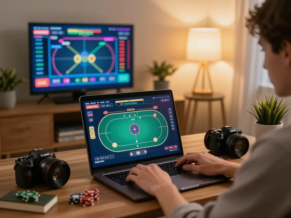 Engaged player strategizing on dagago with laptop gameplay, warm cozy home environment highlighting personal gambling experience.