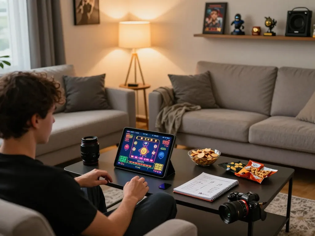 Gambler enjoying online games with trusted nhà cái uy tín in a cozy living room setup.
