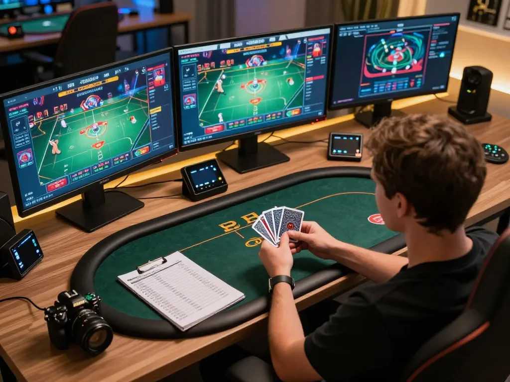 FLY88 player analyzing poker game strategies on multiple screens in a sophisticated home setup.
