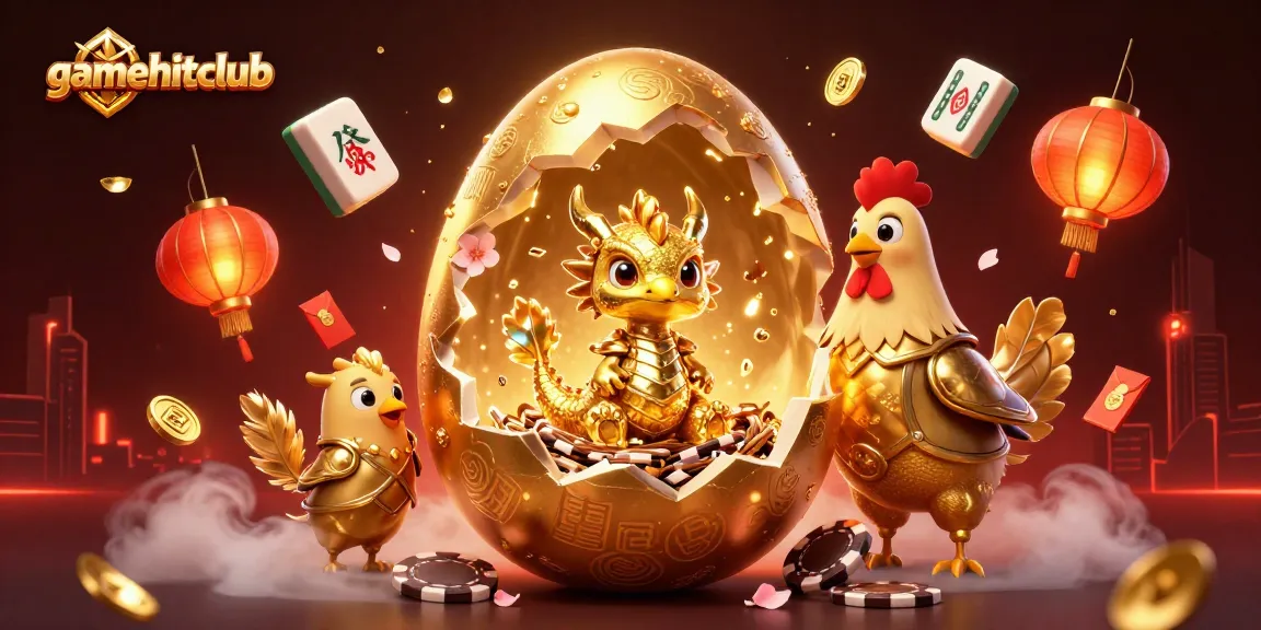 Win big at gamehitclub with the golden dragon guarding poker chips in a lively gaming scene.