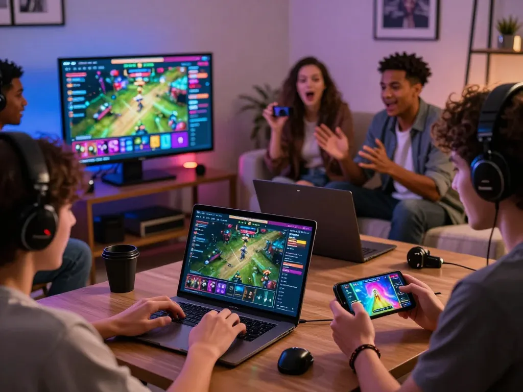 Youth engaging with online gaming on DA88 platform with multiple devices, showcasing dynamic entertainment experience
