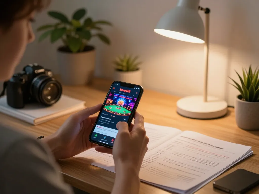 Bong88 online gaming app in action on smartphone, showcasing engaging poker gameplay in a cozy home office setting.