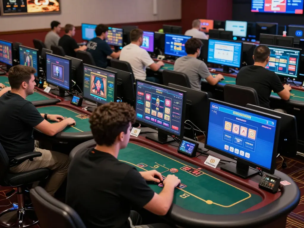 Players engaging with O8's online casino games, showcasing poker and slots in a vibrant setting.