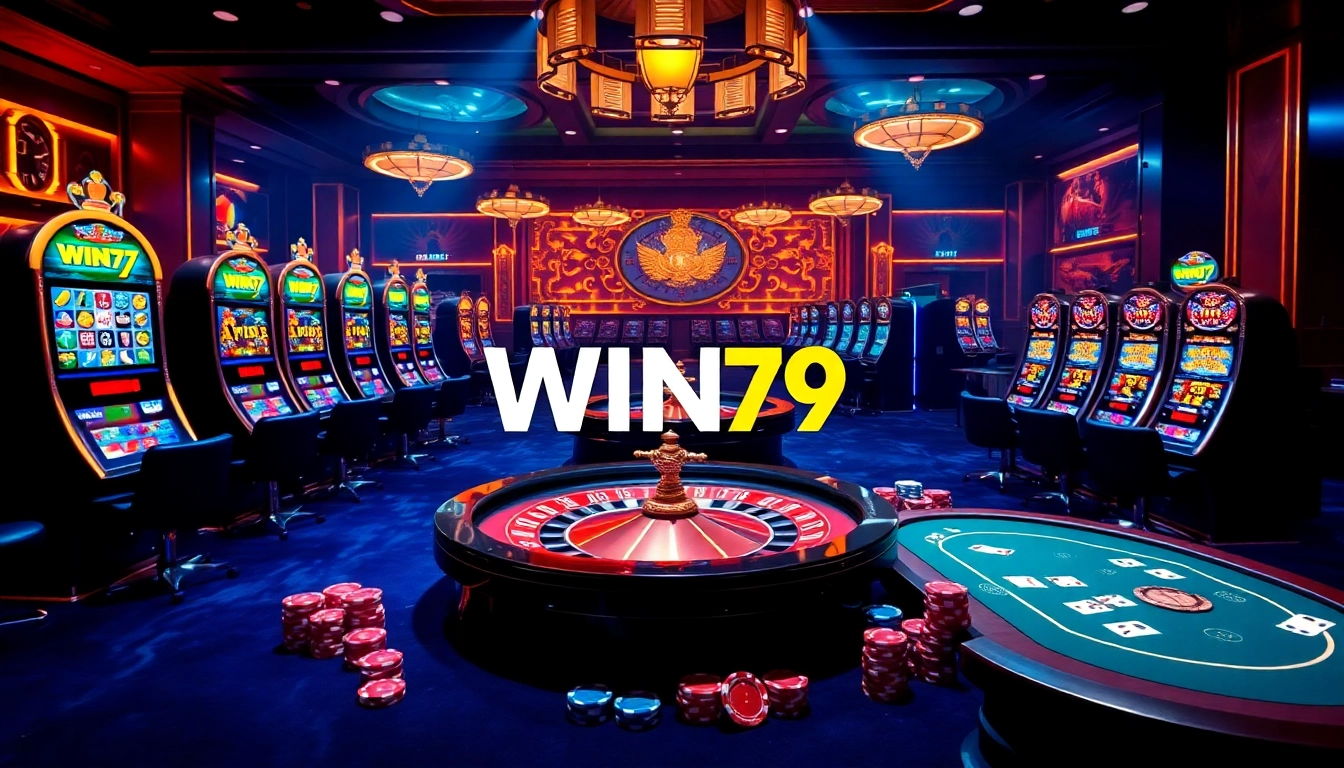 Win79 players strategizing at an online casino table, showcasing exciting card games and vibrant chips.