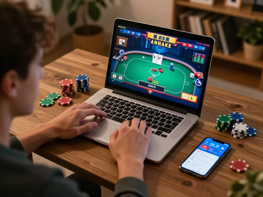 Orang yang tenggelam dalam permainan poker online di rumah menggunakan gg999, menunjukkan kegembiraan taruhan digital