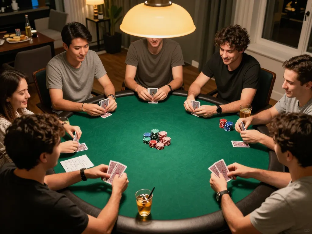 Friends enjoying a competitive poker game at home, showcasing debet strategies with chips and cards.