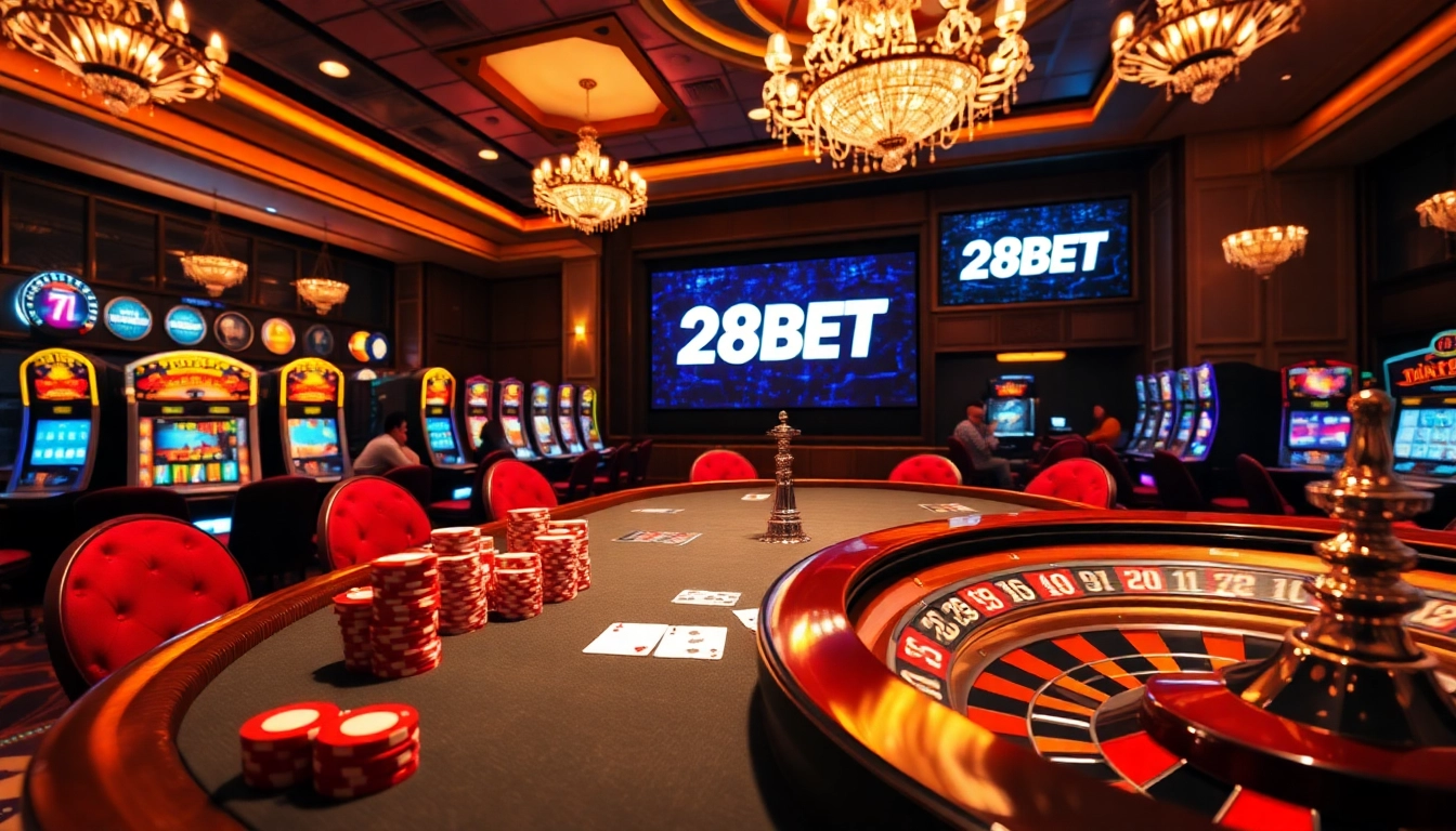Excited players engaging in professional gaming at a luxurious casino highlighting 28BET.