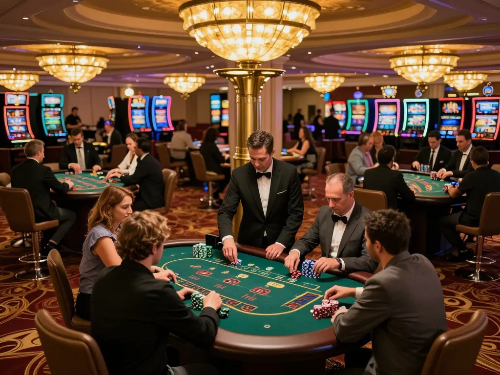 Players enjoying blackjack at 7M casino with warm lighting and vibrant atmosphere.