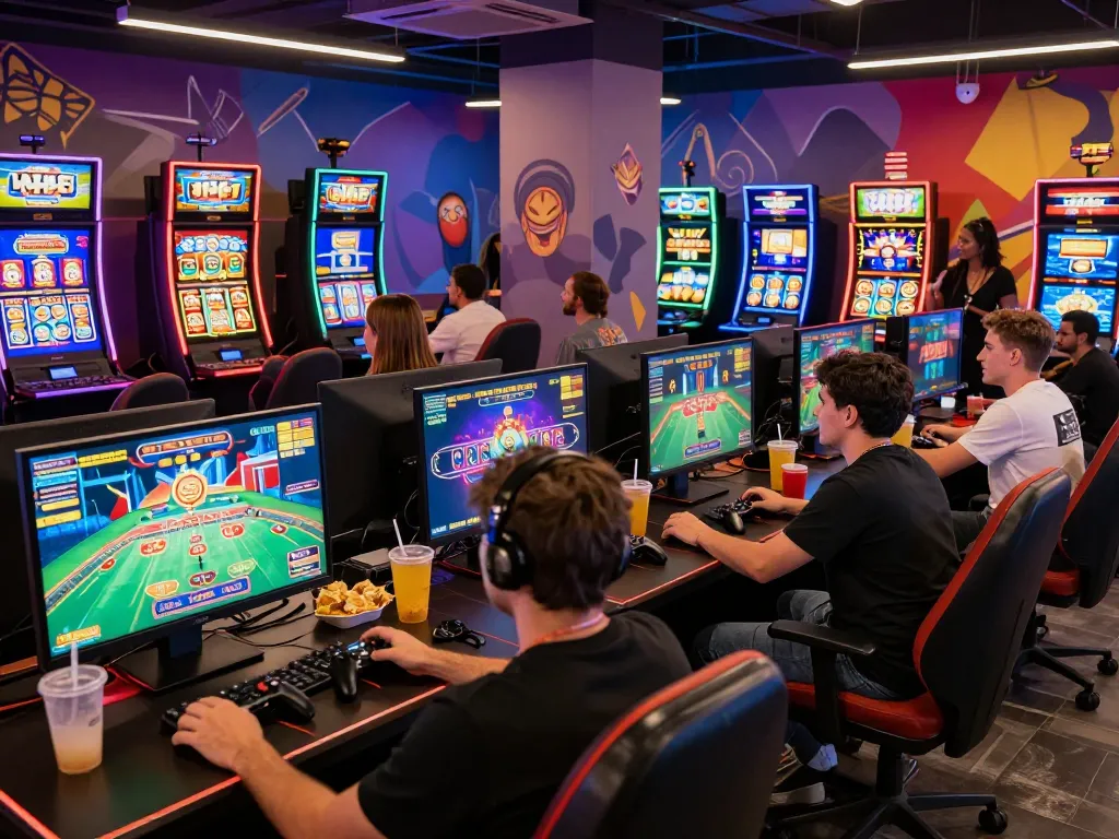 Dynamic online gaming café scene showcasing players engaged in various jun88 casino games.