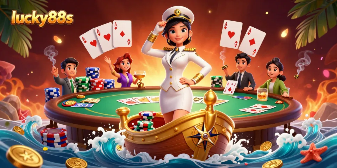 Engage in thrilling games at lucky88s featuring a commanding dealer amidst dynamic poker elements.