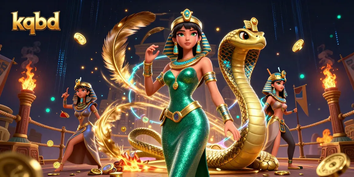 KQBD showcases a dynamic illustration featuring a glamorous woman and a golden cobra with casino-themed elements.