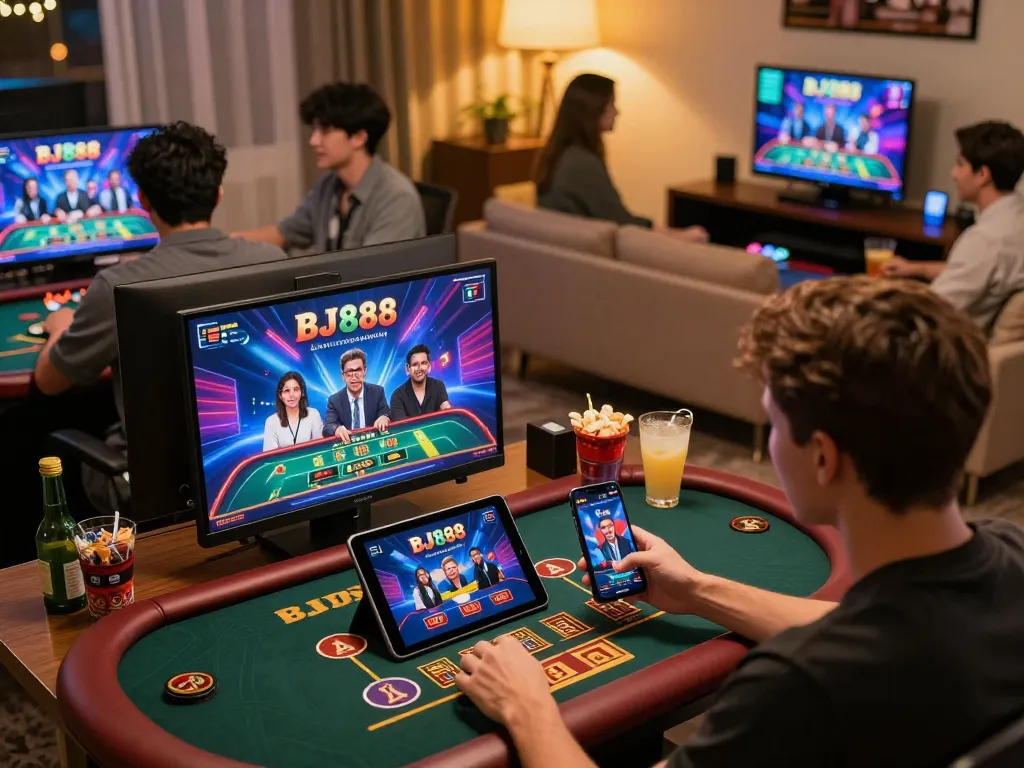 Players enjoying BJ888 mobile gaming in a vibrant home setting with engaging visuals.
