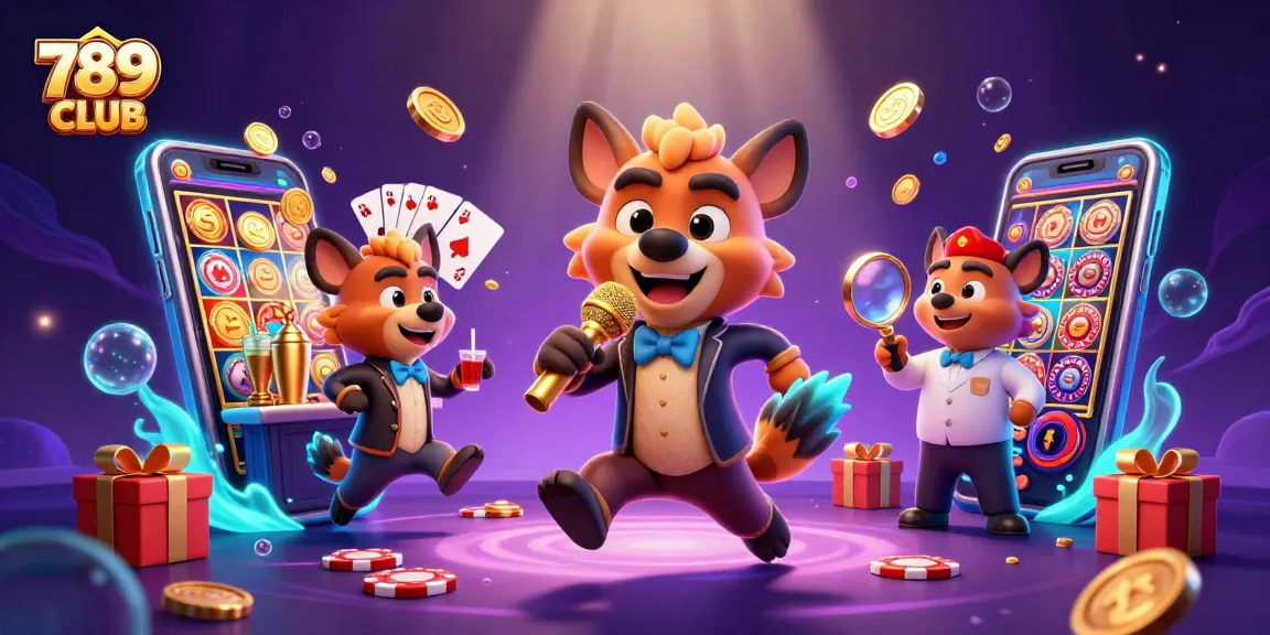 Engage with 789CLUB's vibrant casino scene, featuring hyenas in a lively club with slot games and drinks.