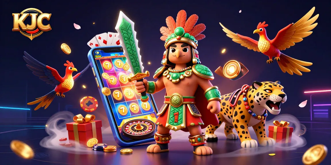 KJC presents an electrifying depiction of an Aztec warrior and jaguar amidst vibrant casino games.