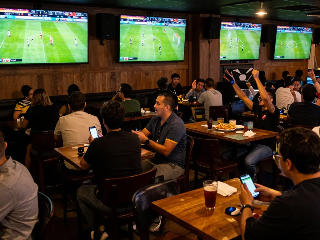 Patrons engaging with mobile apps to follow kết quả bóng đá live in an exciting sports bar environment.