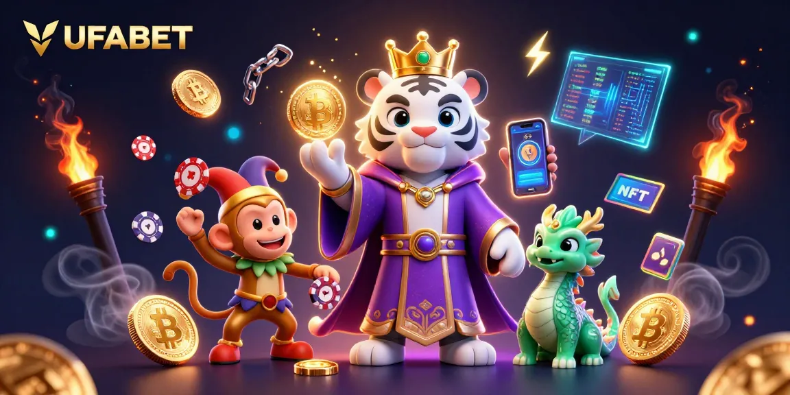 Join the excitement at UFABET with a dynamic 3D casino scene featuring characters and prizes.