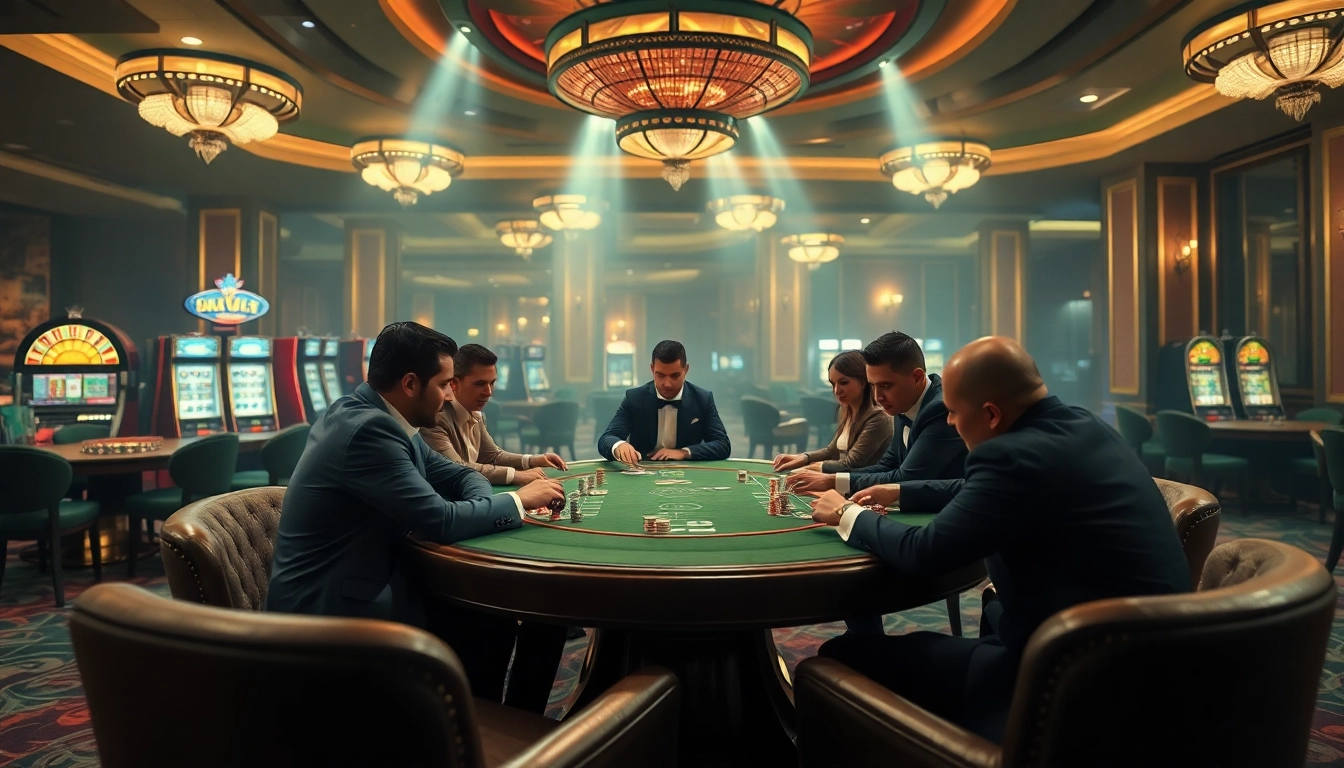 A thrilling poker game at the KJC group casino, showcasing strategy and excitement in a luxurious setting.