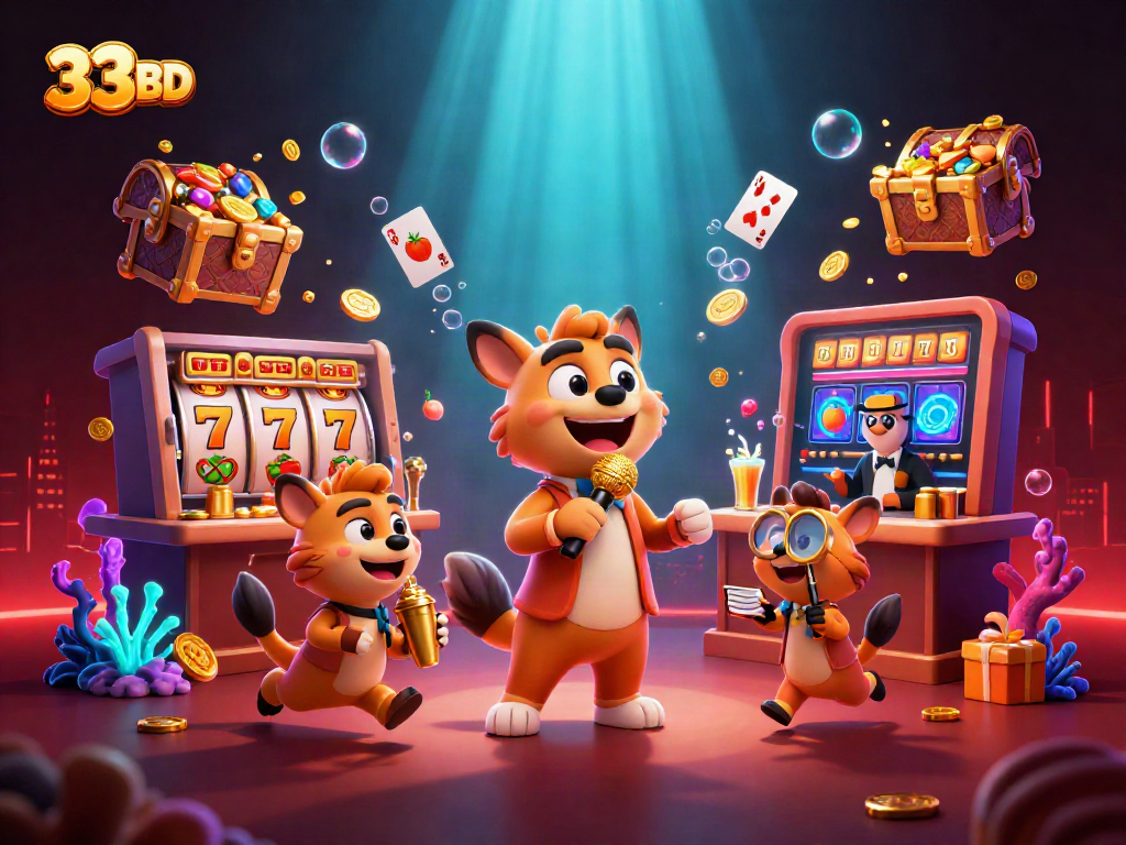 Engage in the vibrant 33BD casino experience with hyenas entertaining at a bustling comedy club.