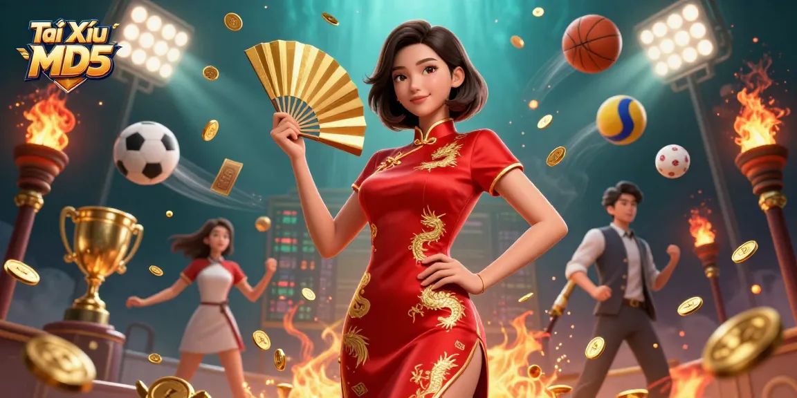 Tài Xỉu MD5 offers thrilling gaming experiences with a radiant Asian woman holding a fan amidst festive elements.