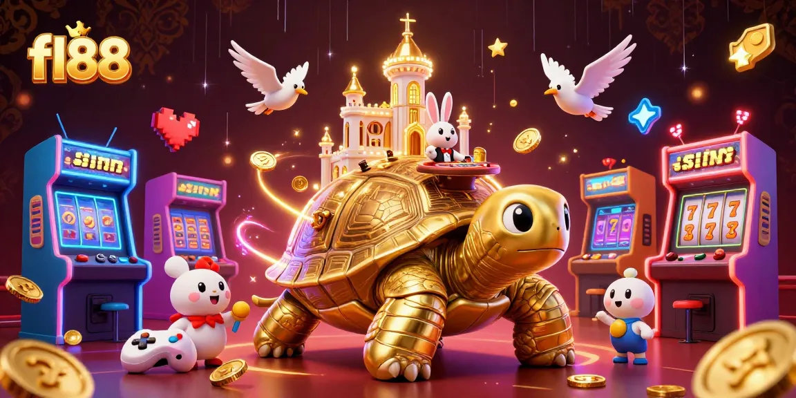 Fl88 promotes excitement with a giant golden tortoise carrying a dazzling casino palace.