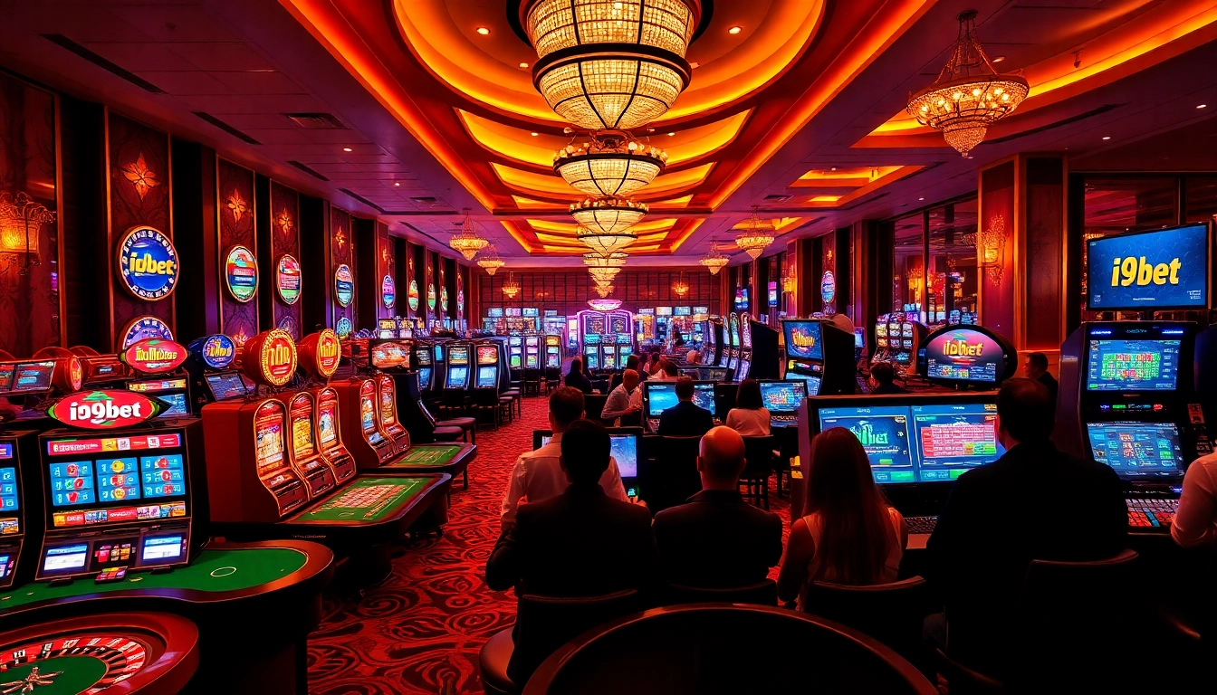 i9bet players enjoying a vibrant casino experience with slot machines and poker tables.