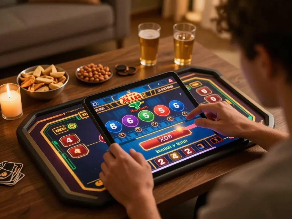 xóc đĩa player actively betting online with vibrant screen graphics in cozy setting