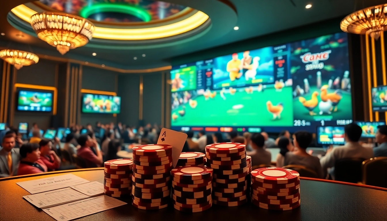 Engaging visual of đá gà trực tiếp action highlighting a live betting atmosphere in a vibrant casino setting.