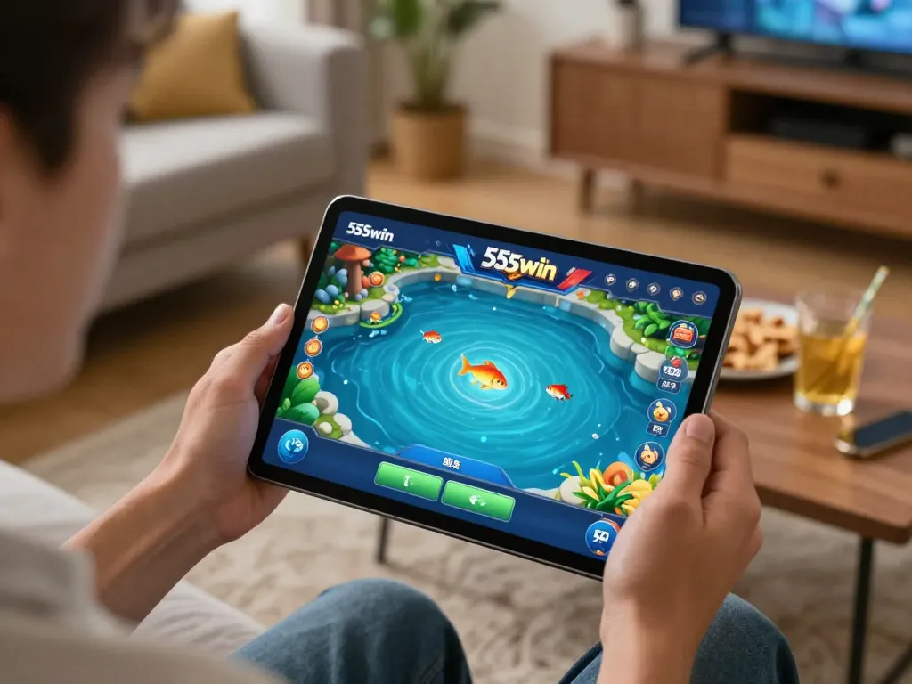 Engaging online gaming experience on 555win tablet shows fish-catching action in cozy setting