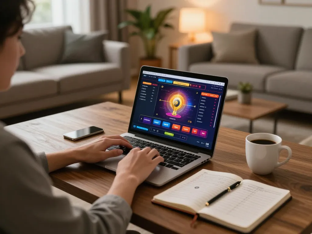 open88 player engaging in online gaming with strategy notes nearby in cozy living room