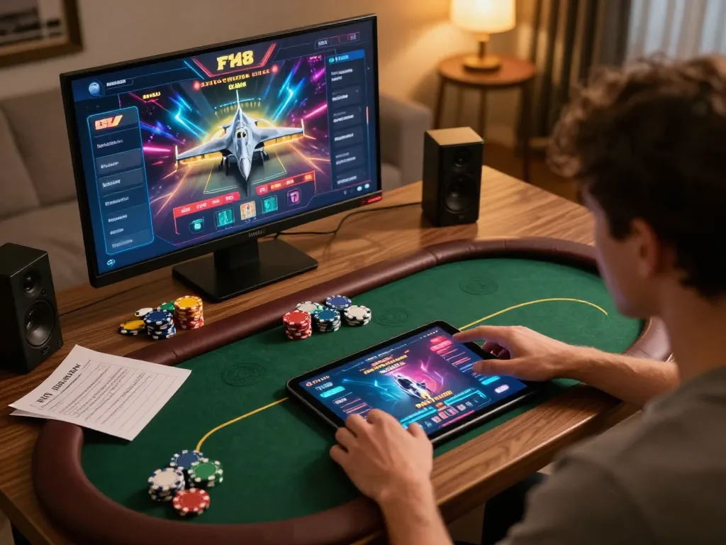 F168 user engaging in an online poker game, showcasing sleek app interface and gaming accessories.