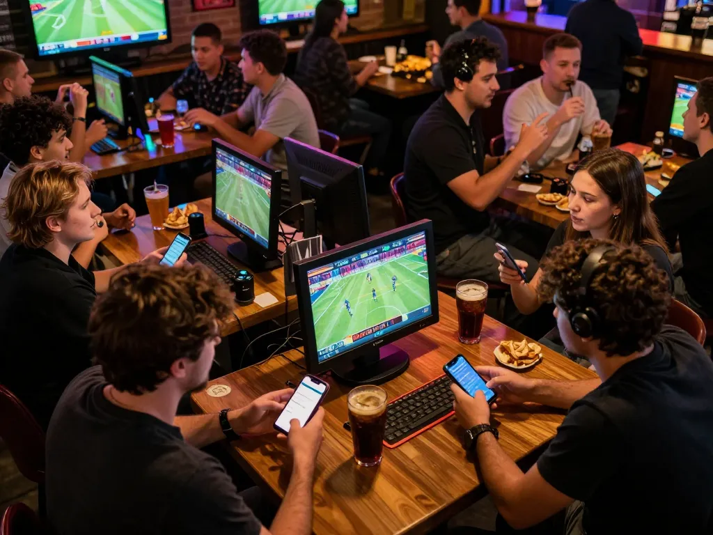 Fans enthusiastically placing bets on their smartphones within the exciting 58win sports bar atmosphere.