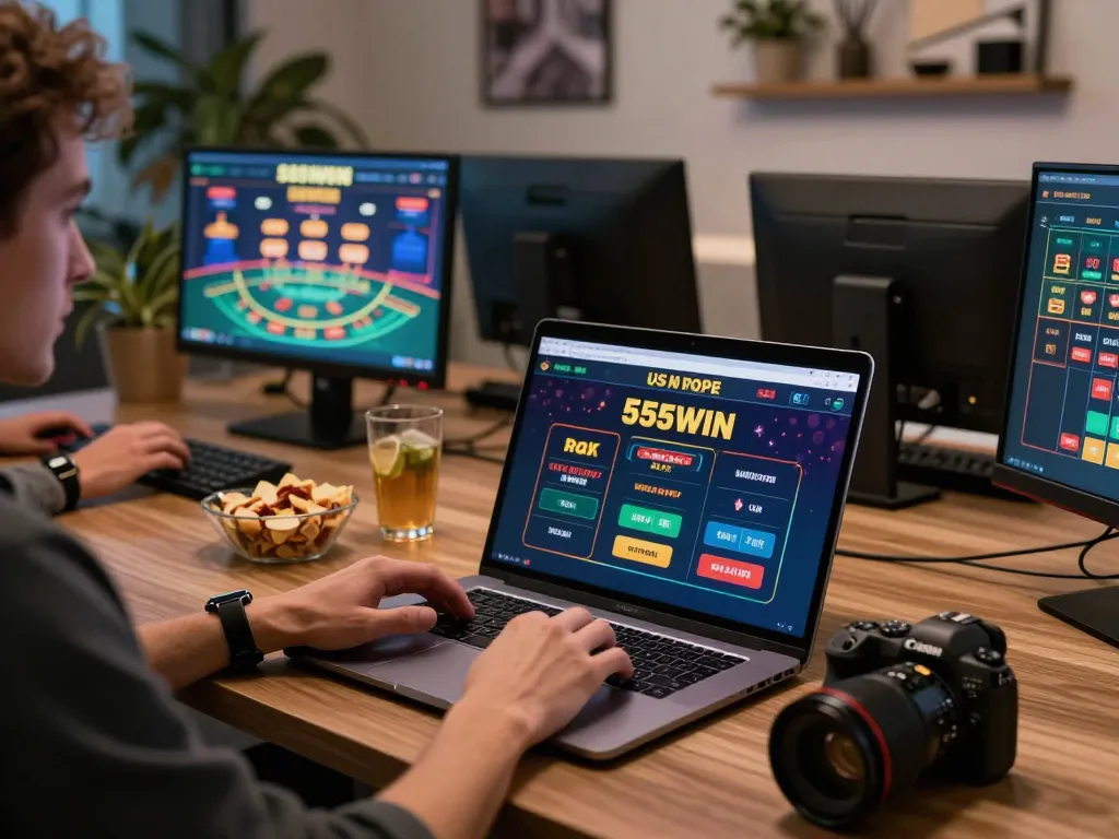 Engaging with the 555WIN platform while placing bets on a stylish laptop during a relaxed gaming session.