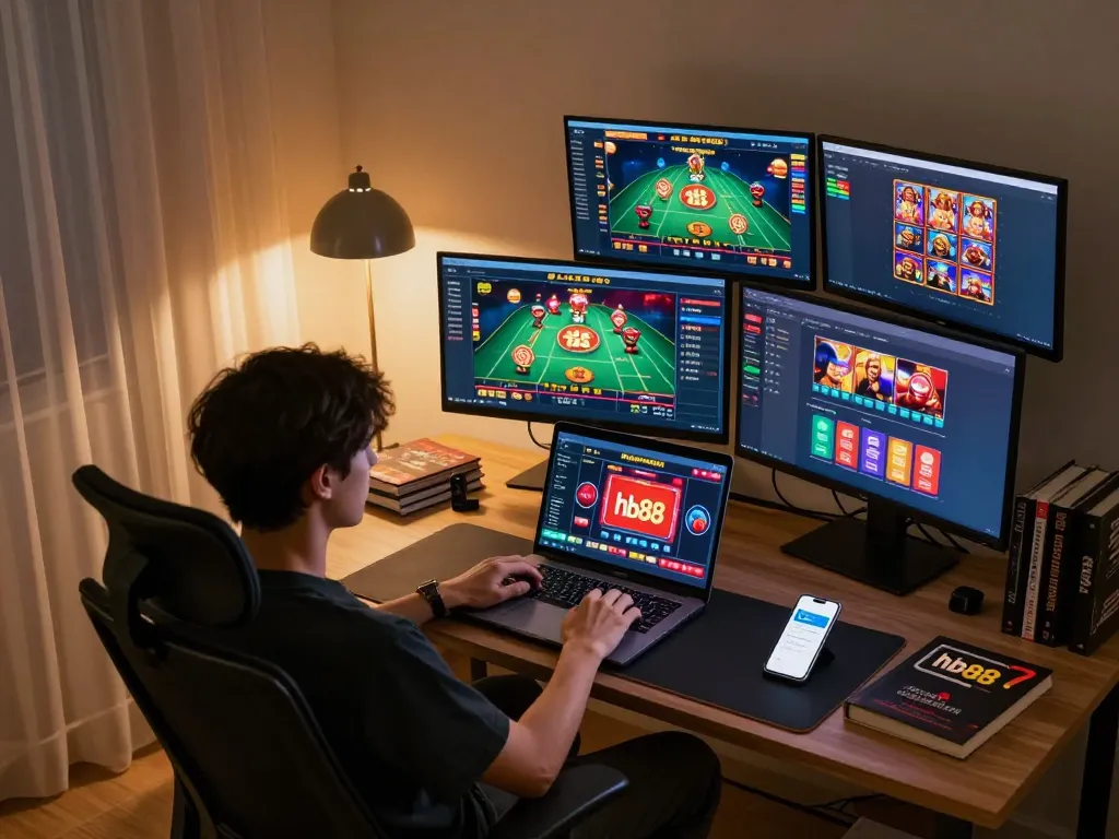 Playing hb88 casino games on a laptop in a cozy home office setting