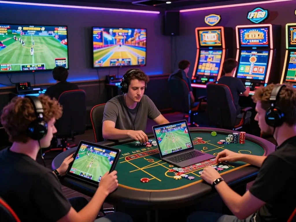 Exciting F168 online betting scene with players engaged in sports and casino games in a vibrant lounge.