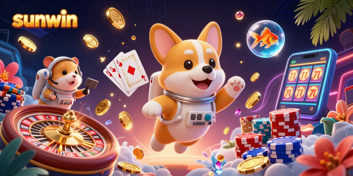 Experience excitement with sunwin as lively characters enjoy a space station casino with vibrant game elements.