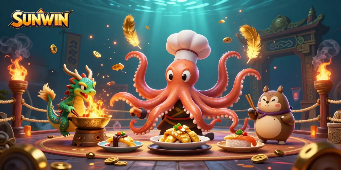SUNWIN showcases a vibrant scene with a chef octopus, fiery dragon, and tanuki in an elaborate casino setting.