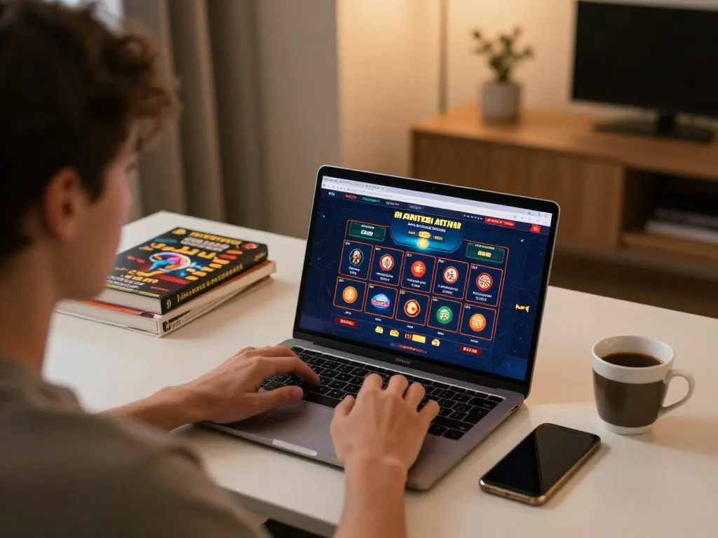 Engaged player using F 168 casino app on laptop, showcasing online gambling strategy.